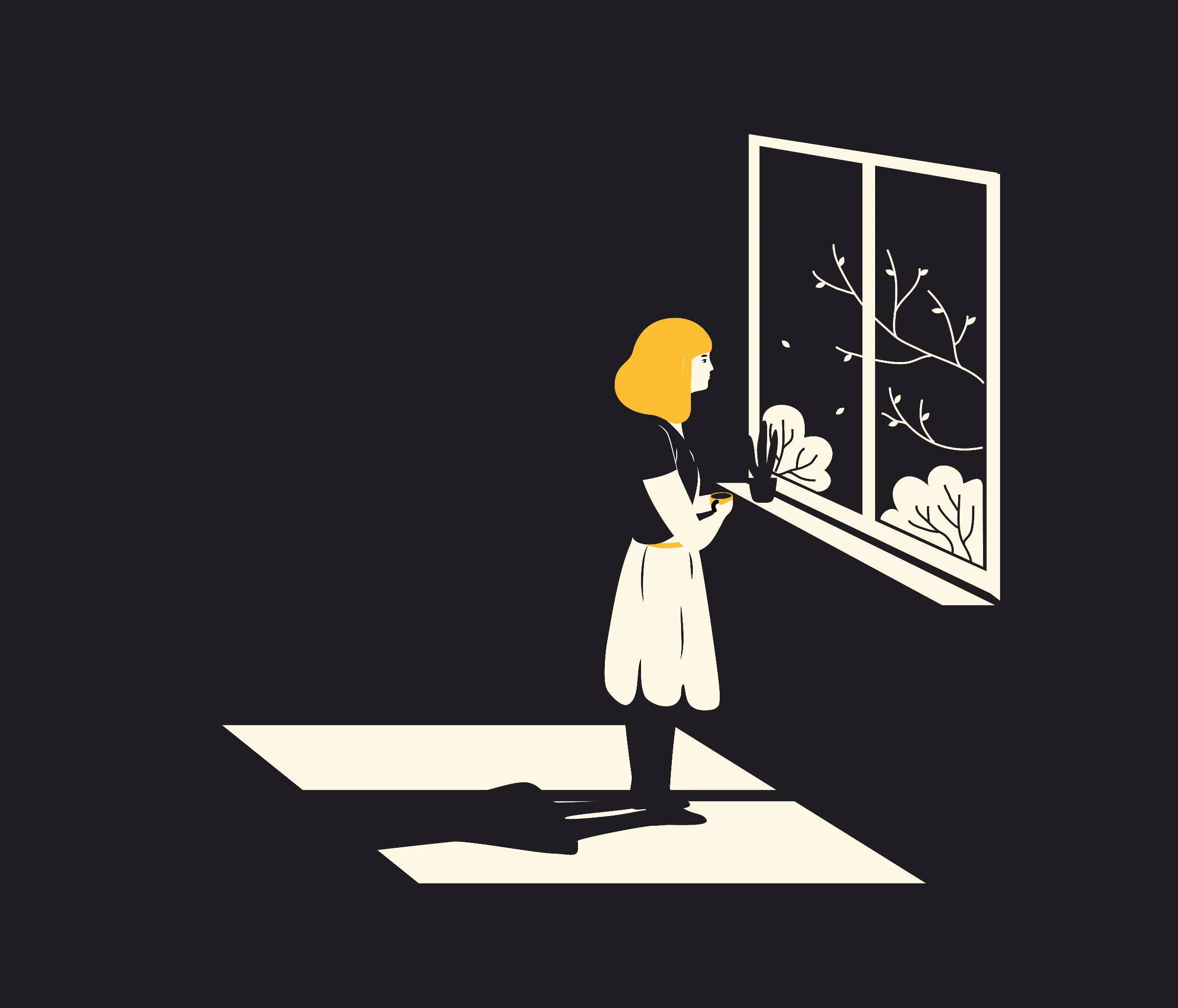 graphic of a woman standing beside the window